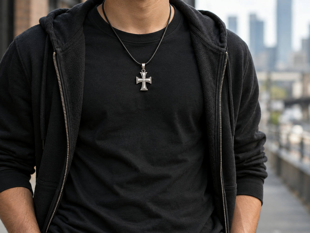 Young man in casual streetwear wearing a silver cross pattée pendant on a leather cord over a black t-shirt.